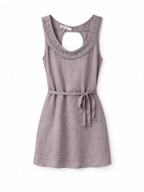 Monoreno Embroidered Boho Tunic Dress Taupe Gray Tie Waist Keyhole Back Size S